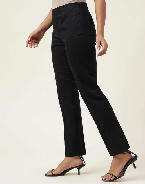 Black Cotton Blend Full Length Pant Formal