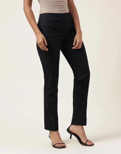 Black Cotton Blend Full Length Pant Formal