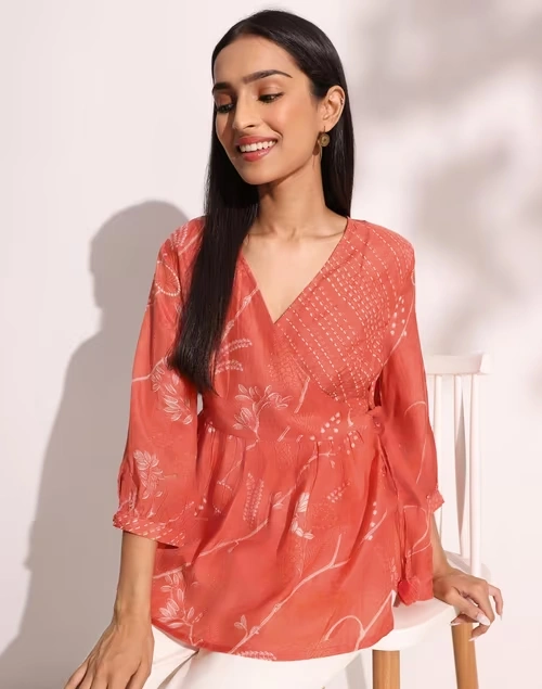 Orange Rayon Blend Printed Short Kurta