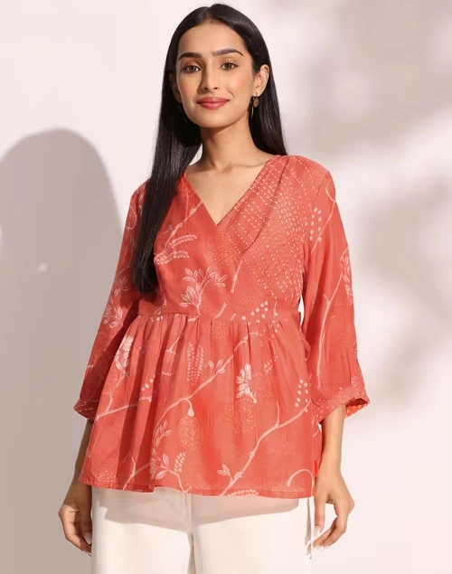 Orange Rayon Blend Printed Short Kurta