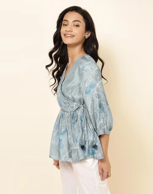 NUIndian Grey Rayon Blend Printed Short Kurta