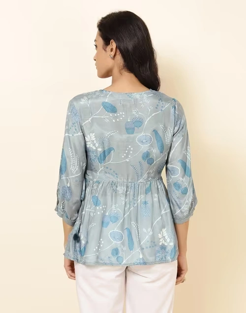 NUIndian Grey Rayon Blend Printed Short Kurta