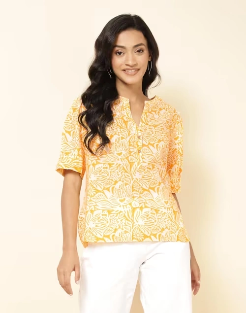 Yellow Cotton Printed Top