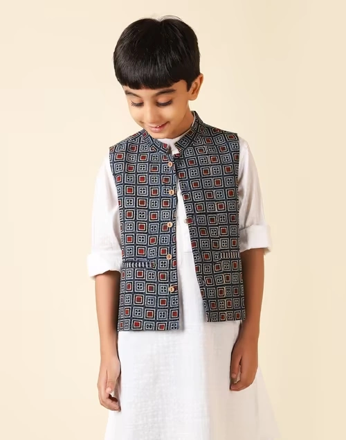 Blue Cotton Printed Jacket