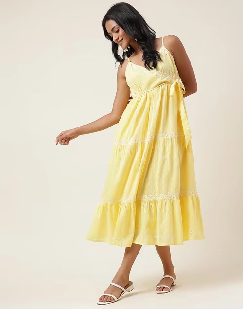 Yellow Cotton Chikankari Midi Dress