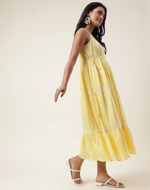 Yellow Cotton Chikankari Midi Dress