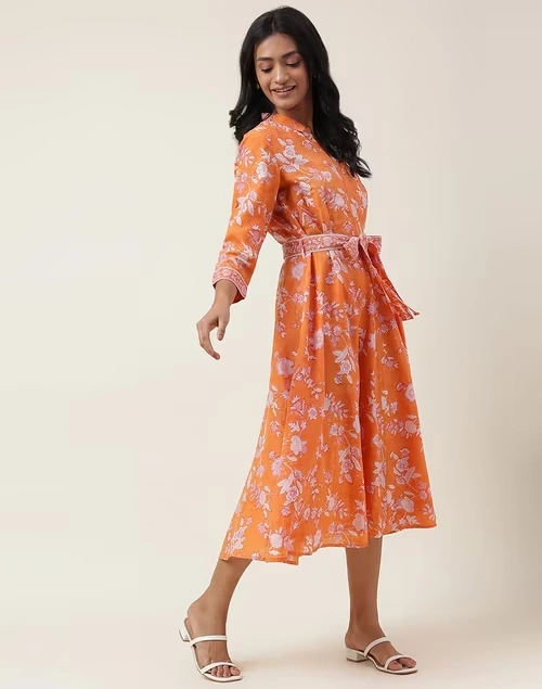 Orange Rayon Blend Hand Block Printed Midi Dress 3 Orange Rayon Blend Hand Block Printed Midi Dress