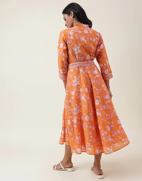 Orange Rayon Blend Hand Block Printed Midi Dress 4 Orange Rayon Blend Hand Block Printed Midi Dress