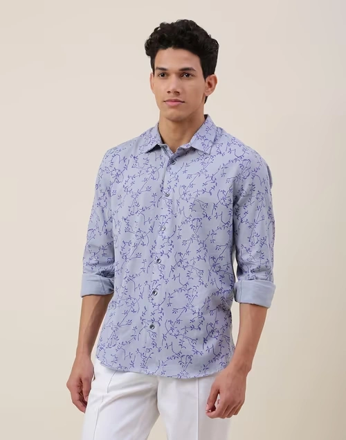 Blue Cotton Printed Slim Fit Shirt