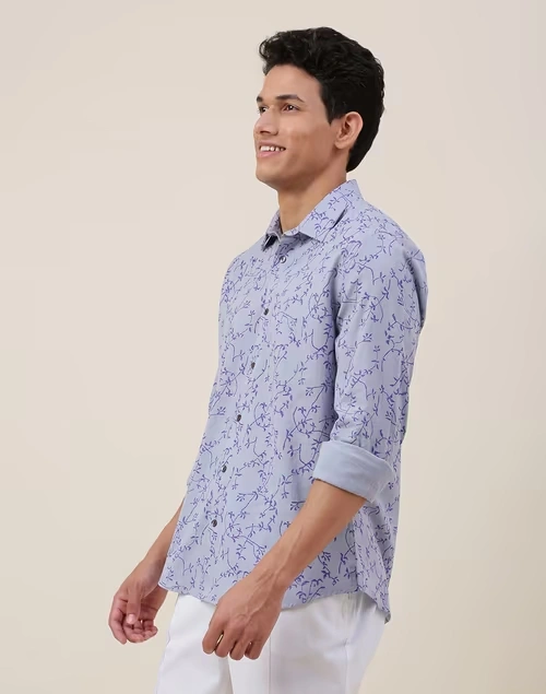 Blue Cotton Printed Slim Fit Shirt