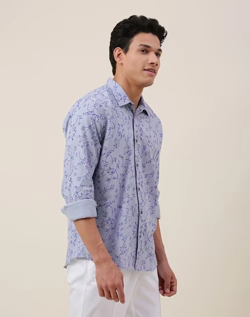 Blue Cotton Printed Slim Fit Shirt