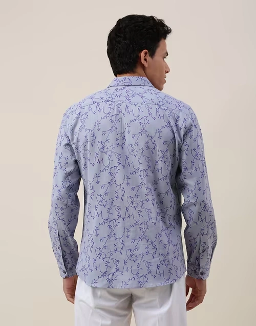 Blue Cotton Printed Slim Fit Shirt