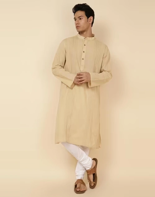 Beige Cotton Woven Long Kurta