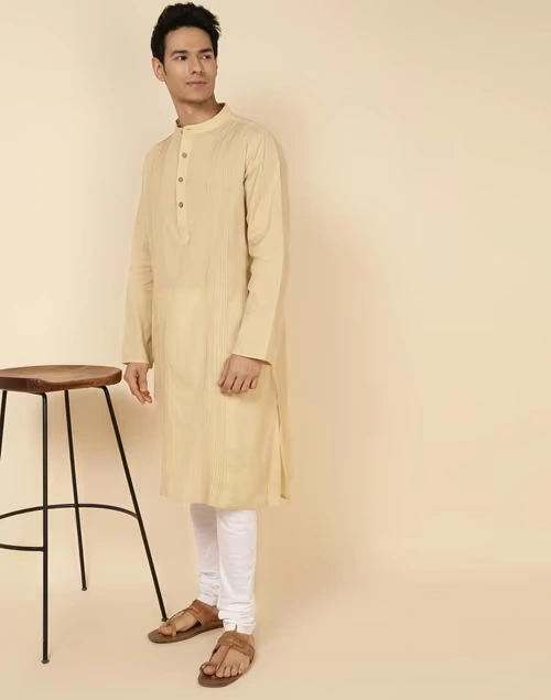 Beige Cotton Woven Long Kurta