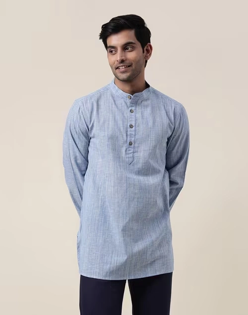 Blue Cotton Woven Short Kurta