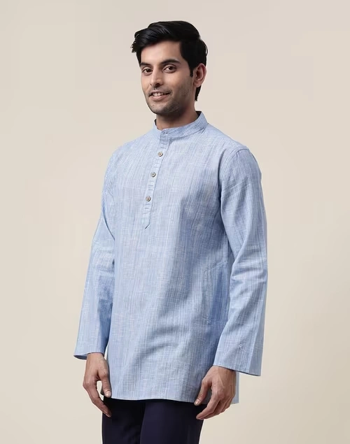 Blue Cotton Woven Short Kurta