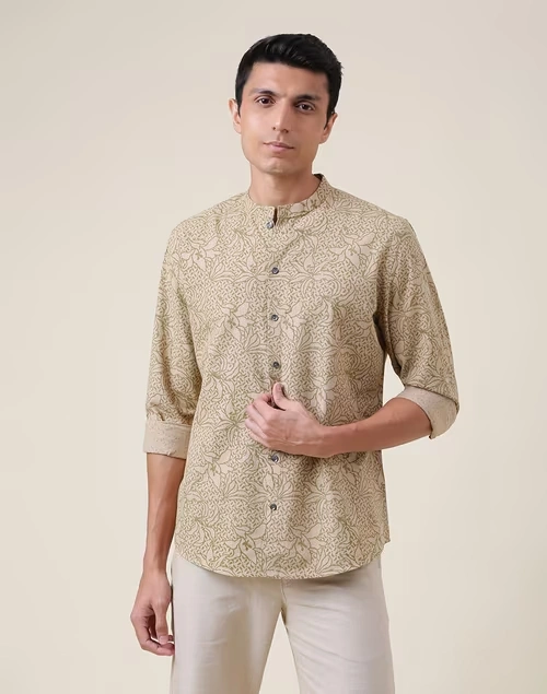Brown Cotton Blend Printed Slim Fit Shirt