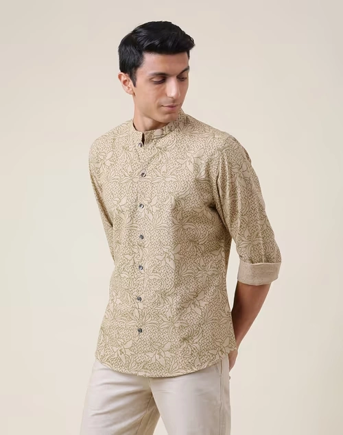 Brown Cotton Blend Printed Slim Fit Shirt