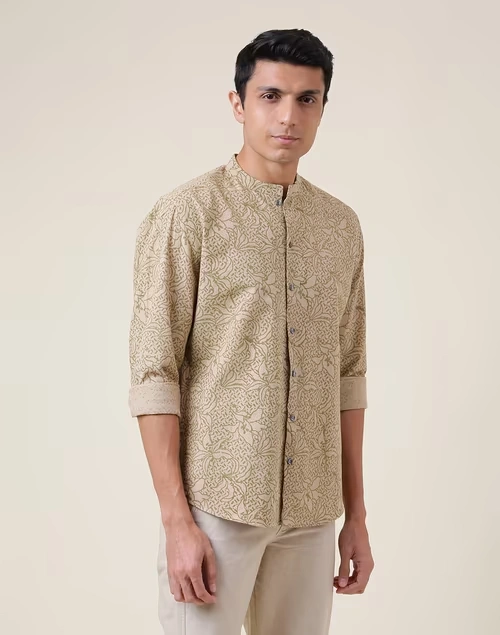 Brown Cotton Blend Printed Slim Fit Shirt