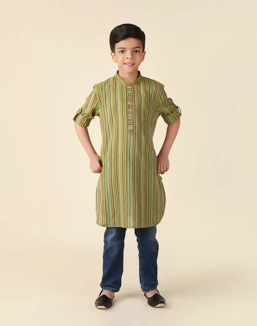 Green Cotton Striped Long Kurta