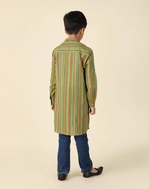Green Cotton Striped Long Kurta