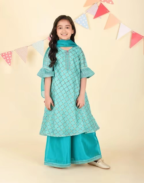 Teal Cotton Silk Hand Block Printed 3pc Salwar Set