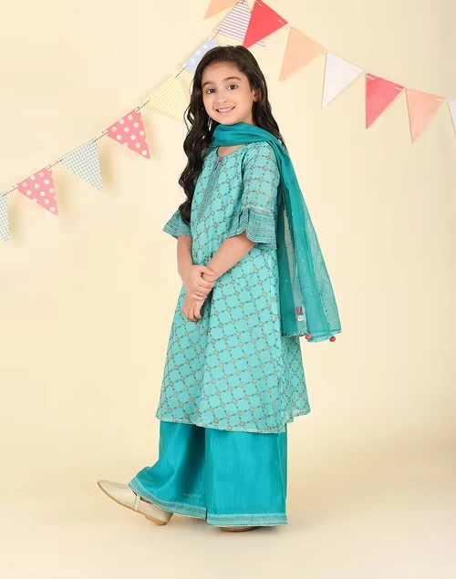 Teal Cotton Silk Hand Block Printed 3pc Salwar Set