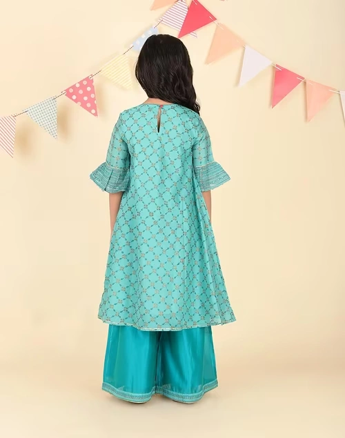 Teal Cotton Silk Hand Block Printed 3pc Salwar Set 3 Teal Cotton Silk Hand Block Printed 3pc Salwar Set