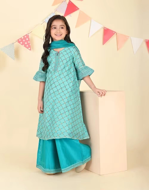 Teal Cotton Silk Hand Block Printed 3pc Salwar Set 4 Teal Cotton Silk Hand Block Printed 3pc Salwar Set