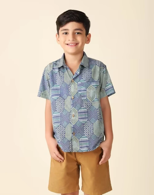 Blue Cotton Hand Block Printed Shirt