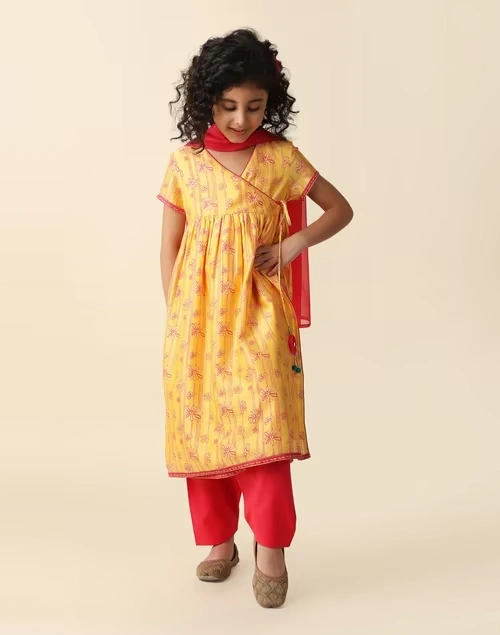 Yellow Cotton Silk Blend Printed 3Pc Salwar Set