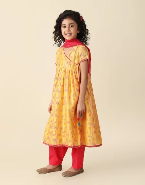 Yellow Cotton Silk Blend Printed 3Pc Salwar Set 3 Yellow Cotton Silk Blend Printed 3Pc Salwar Set