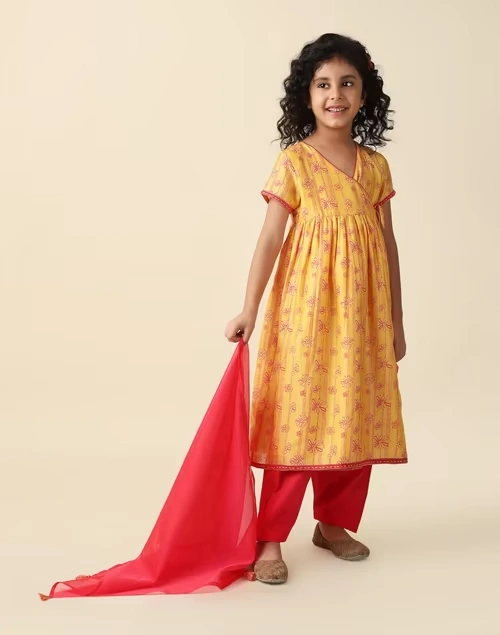 Yellow Cotton Silk Blend Printed 3Pc Salwar Set 4 Yellow Cotton Silk Blend Printed 3Pc Salwar Set