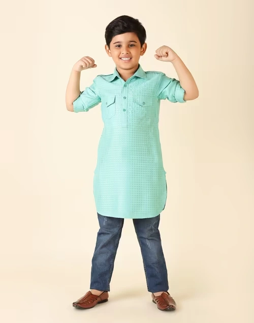 Turquoise Viscose Blend Dobby Pathani