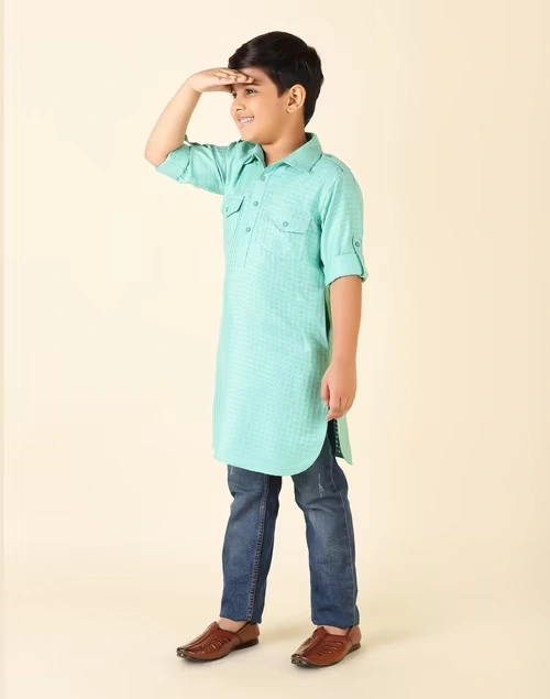 Turquoise Viscose Blend Dobby Pathani 3 Turquoise Viscose Blend Dobby Pathani