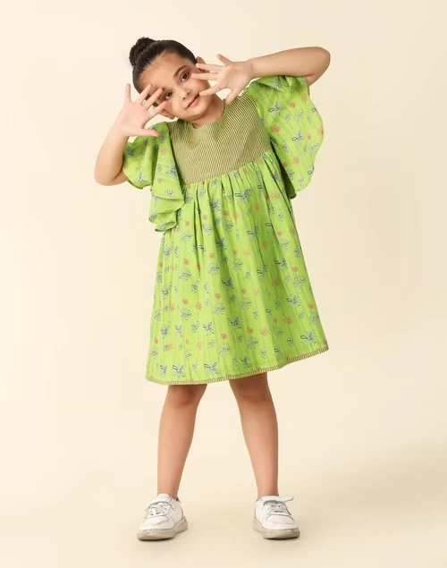 Green Cotton Printed Dress