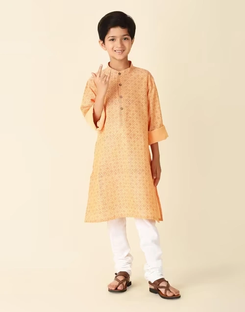 Orange Cotton Printed Long Kurta