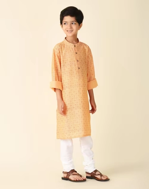 Orange Cotton Printed Long Kurta