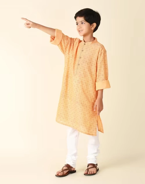 Orange Cotton Printed Long Kurta