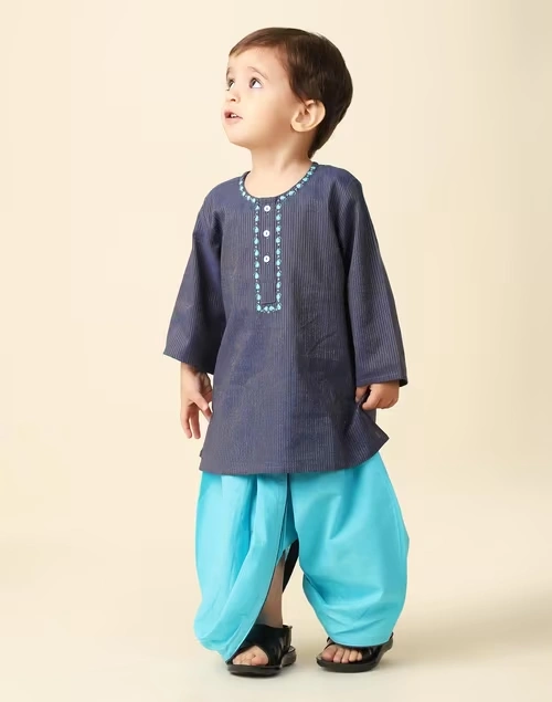 Navy Cotton Blend Embroidered Dhoti Set