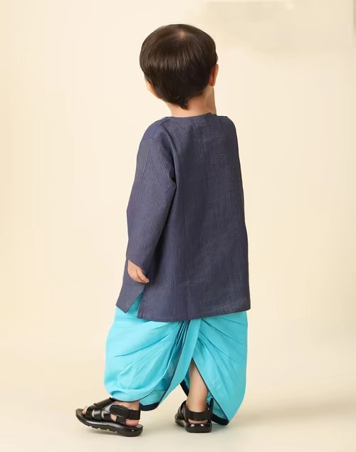 Navy Cotton Blend Embroidered Dhoti Set