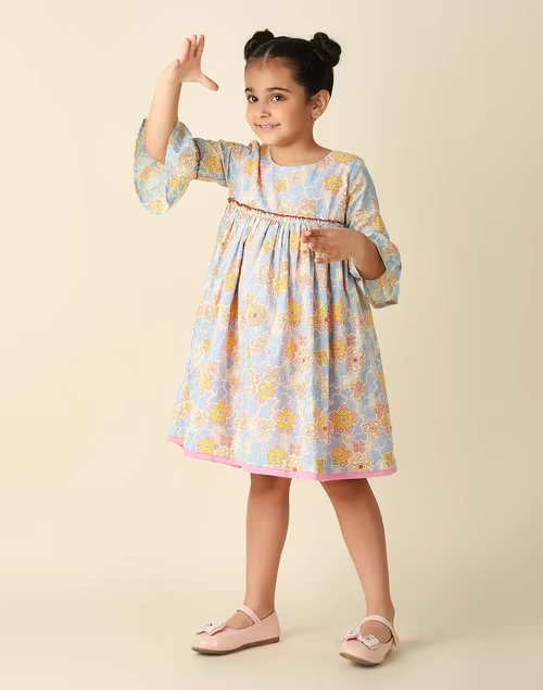 Blue Cotton Printed Dress
