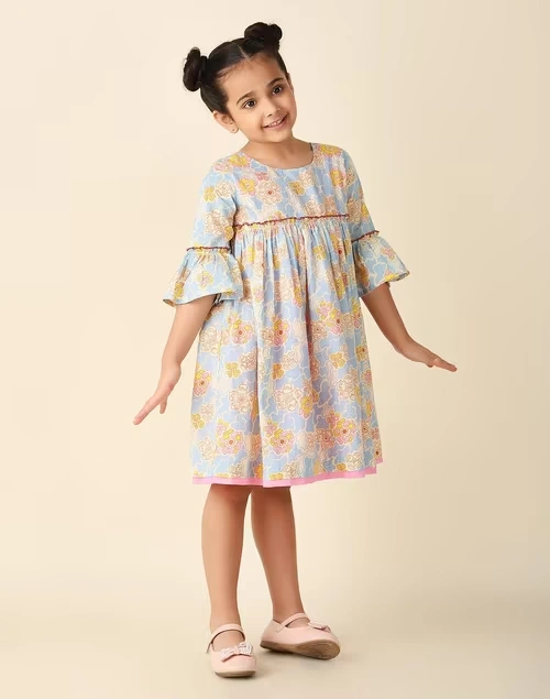 Blue Cotton Printed Dress