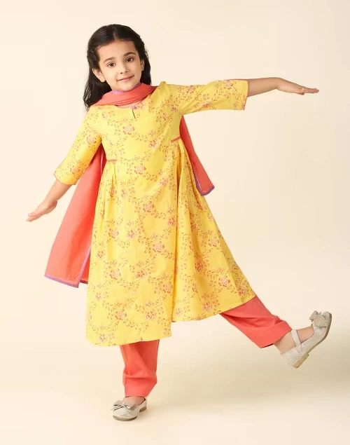 Yellow Cotton Printed 3Pc Salwar Set