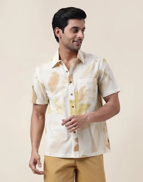 White Cotton Printed Bush Shirt