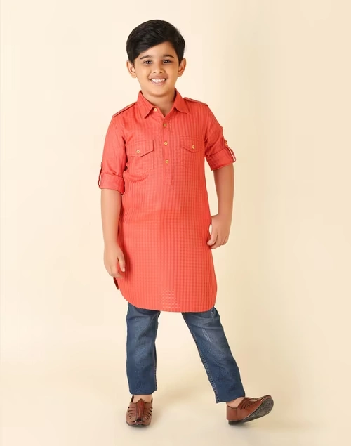 Orange Viscose Blend Dobby Pathani