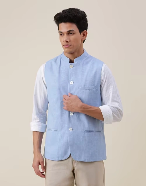 Blue Cotton Slim Fit Gilet