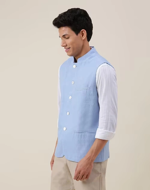 Blue Cotton Slim Fit Gilet