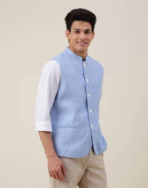 Blue Cotton Slim Fit Gilet