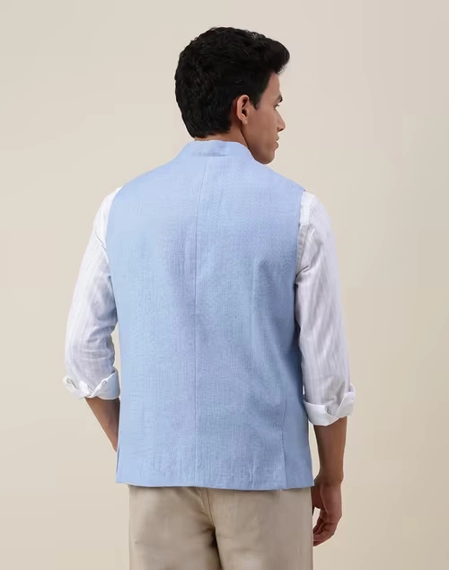 Blue Cotton Slim Fit Gilet